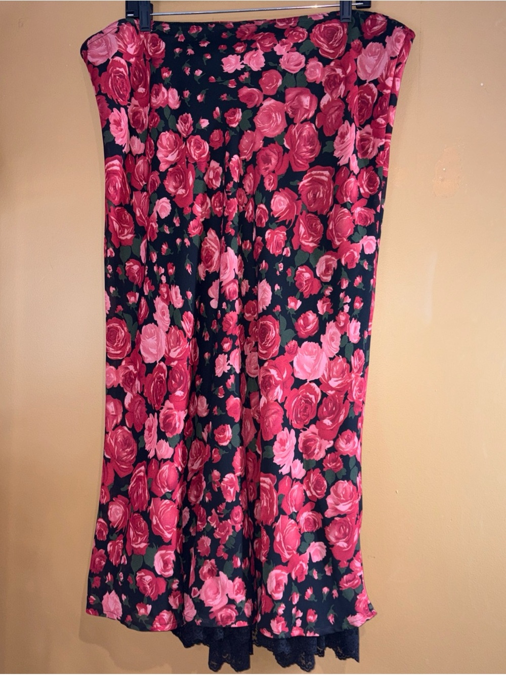 HC769 Maxi Skirt Women's Red, Black Floral High Waist Flare Hippie Black Slip